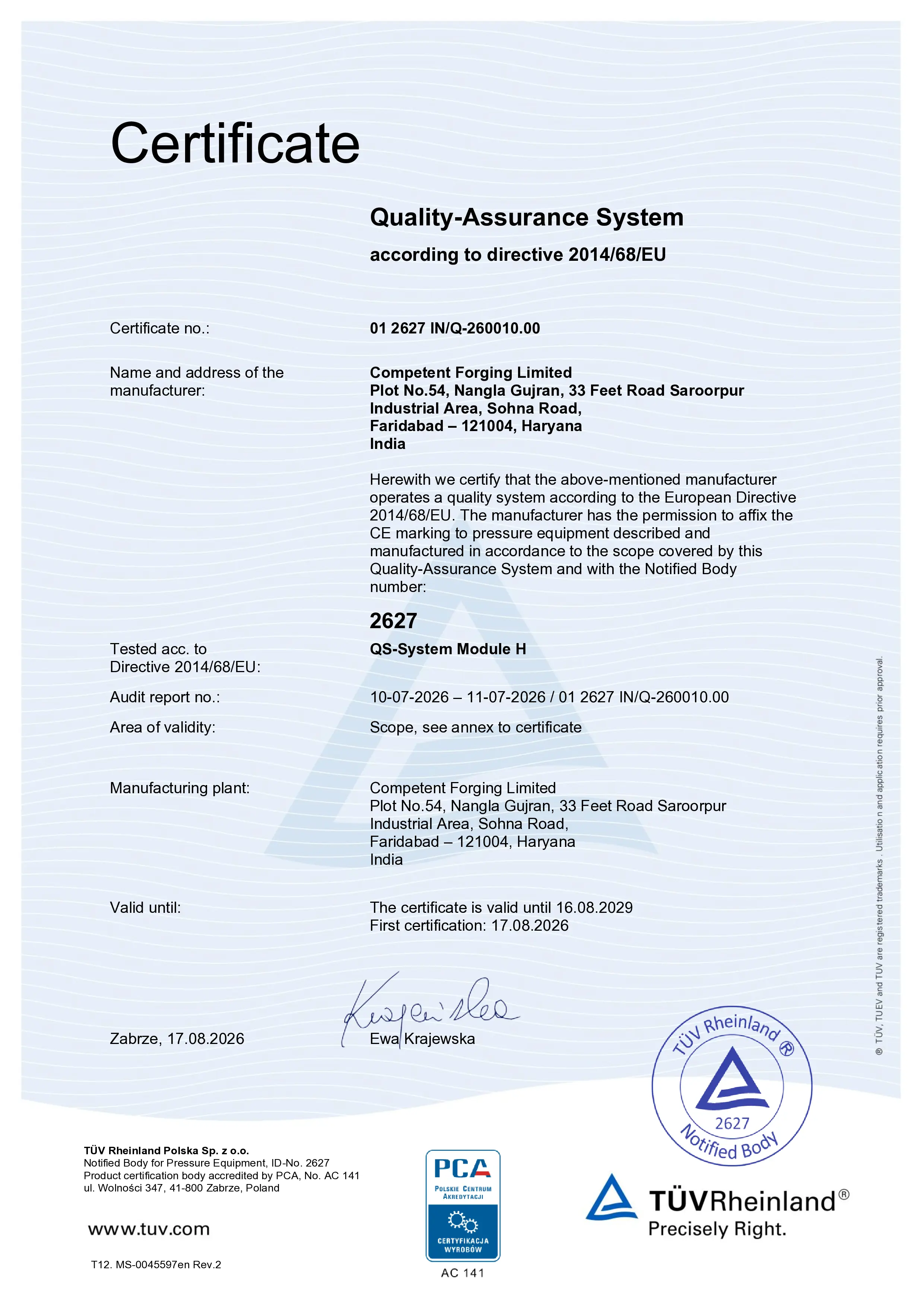 Competent Forging Limited PED certificate